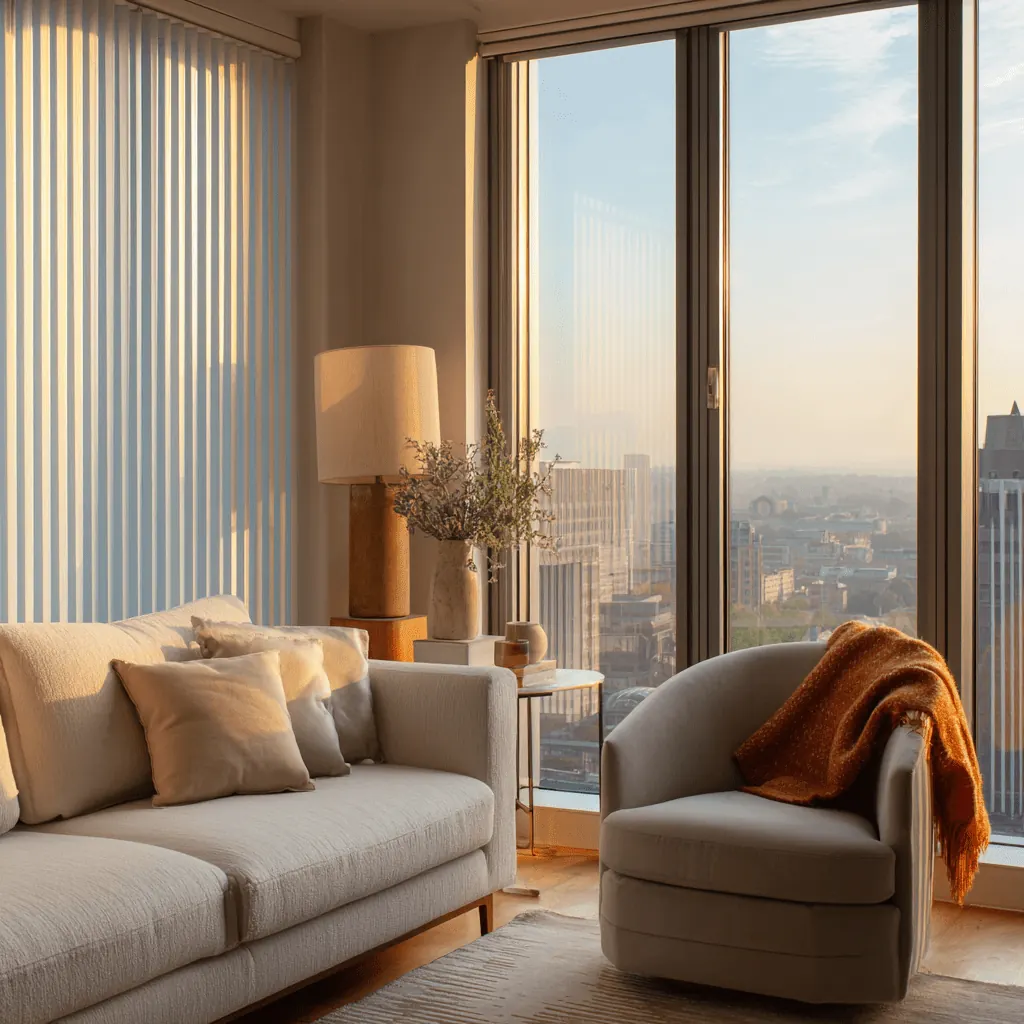 Motorized roller shades on tall Whiteland windows